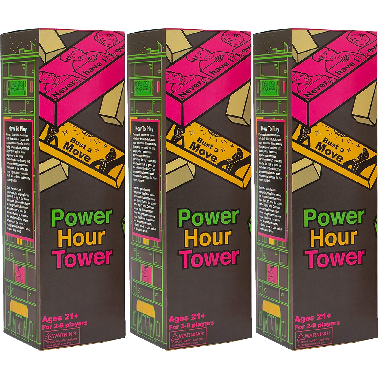 Power Hour Tower Adult Party Game with 48 Hilarious Wooden Blocks - 3 Pack